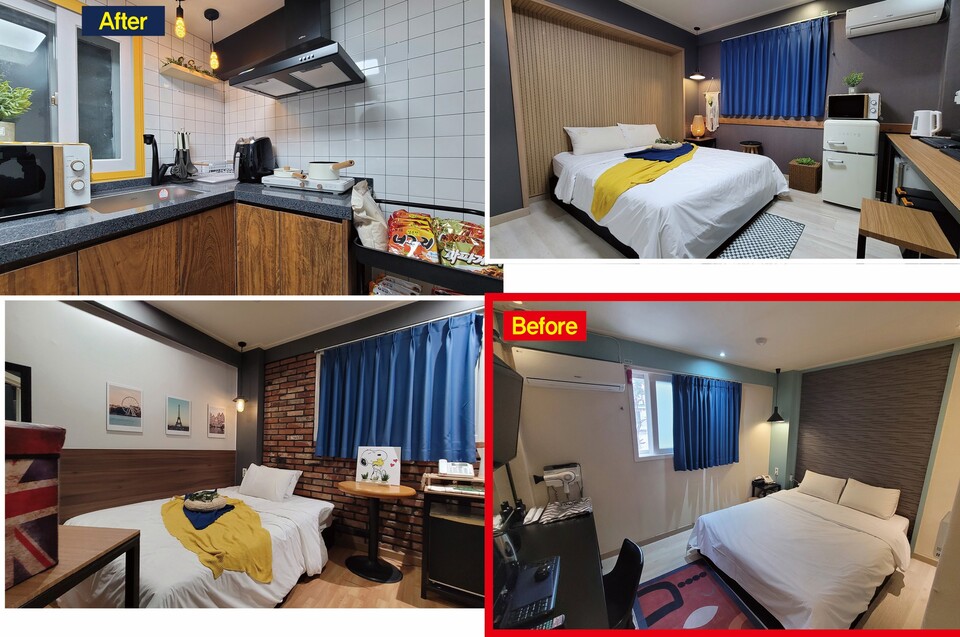 (왼쪽 위부터 시계방향으로)공용 주방, 스탠다드 룸, 트렌디한 디자인, 전형적인 객실 디자인