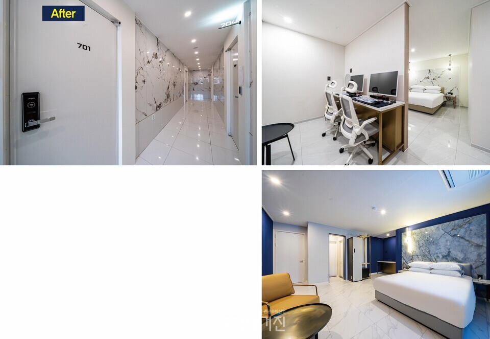(왼쪽부터 시계방향으로)블랙 앤 화이트로 구성된 복도, 하이엔드 PC룸, 디럭스퀸(사진=더블유 건설 제공)