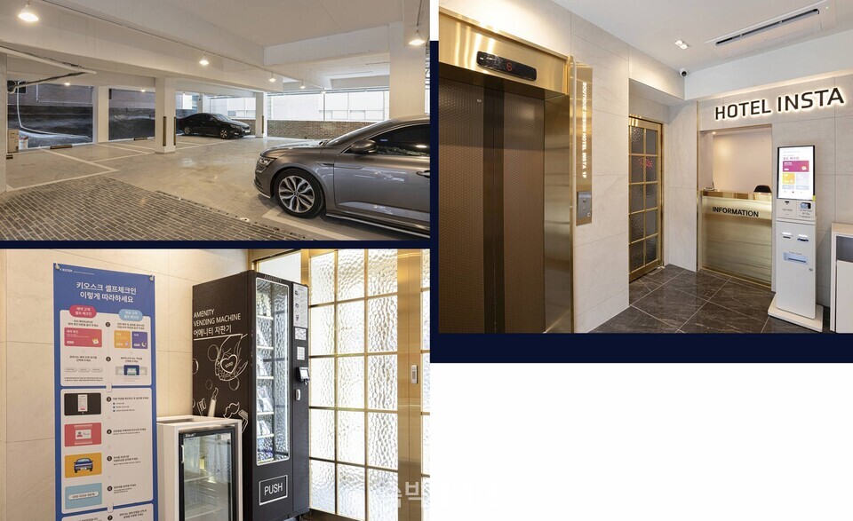 어메니티 자판기(왼쪽 아래), 로비와 엘레베이터(오른쪽)