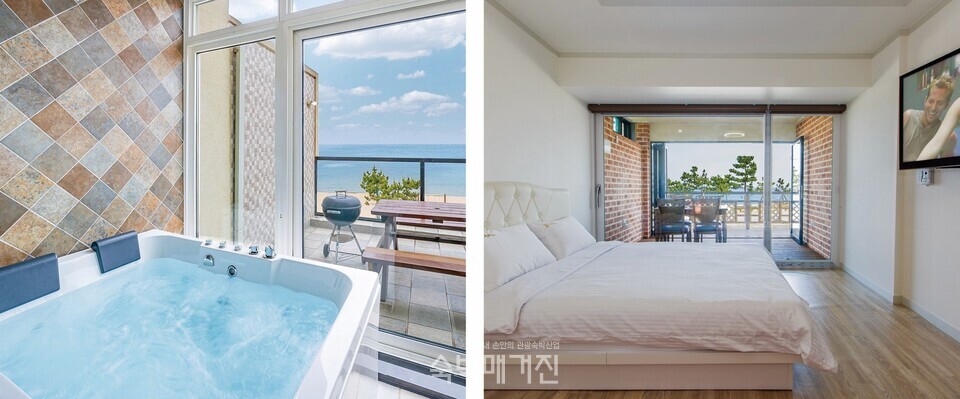 (왼쪽부터)스파와 테라스, 1층 객실 내부