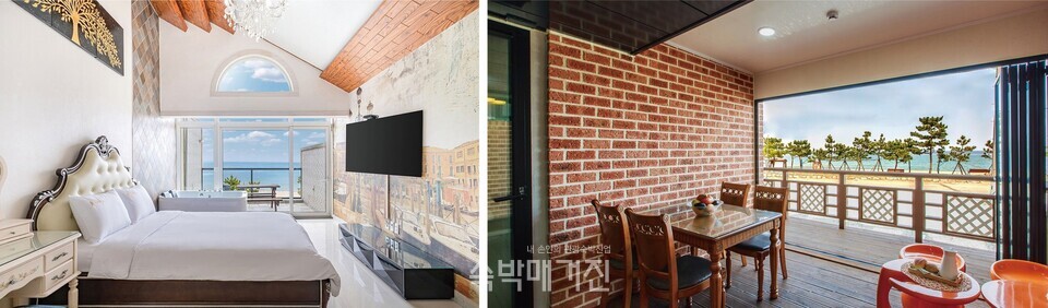 (왼쪽부터) 층고가 높은 객실, 1층 테라스