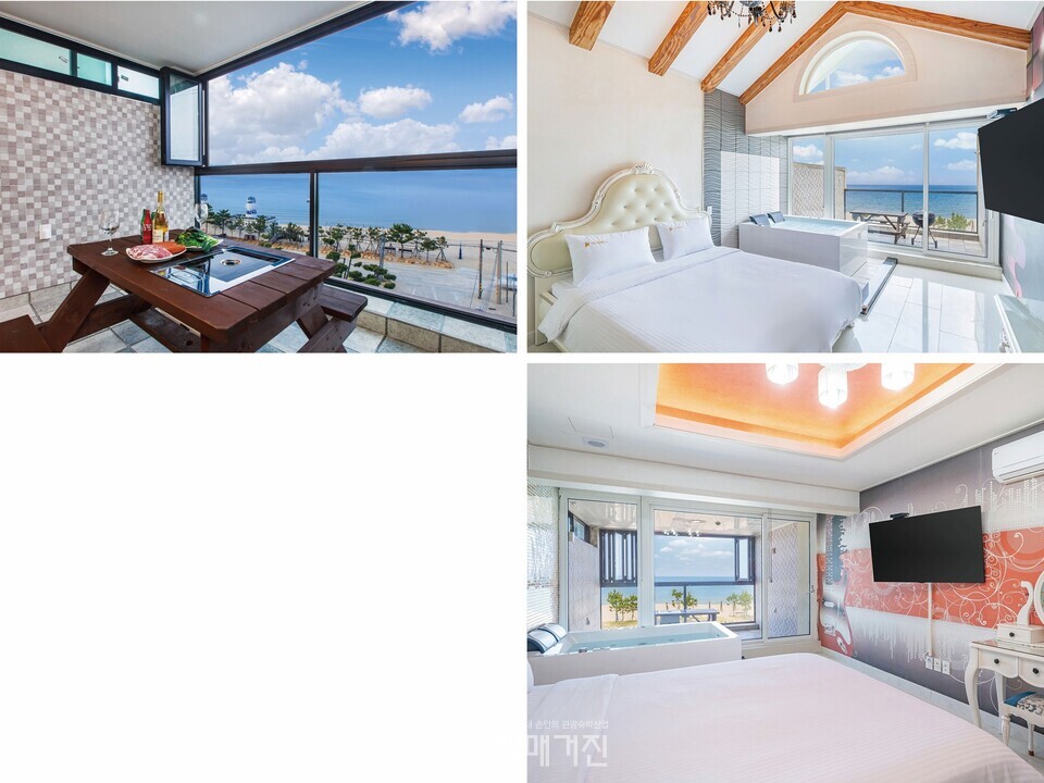 (왼쪽부터 시계 방향으로)바비큐 공간과 통창, 베이지 톤 객실, 객실 별 콘셉트가 확실하다