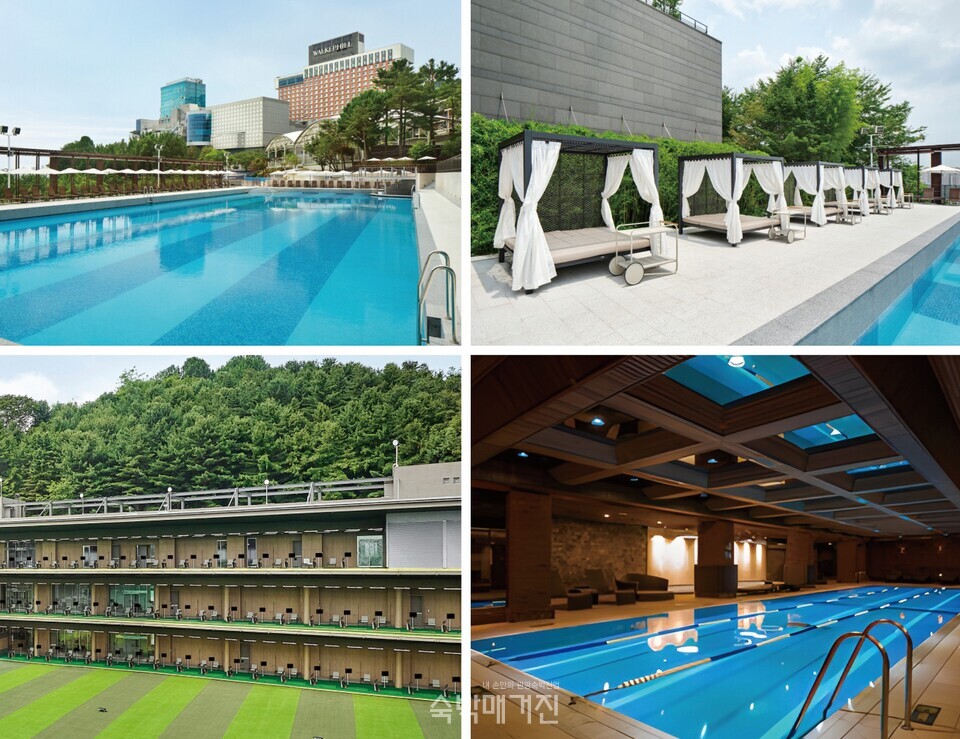(왼쪽 위부터 시계방향으로) 리버파크, 쁘띠 카바나, 실내 수영장, 워커힐 골프클럽