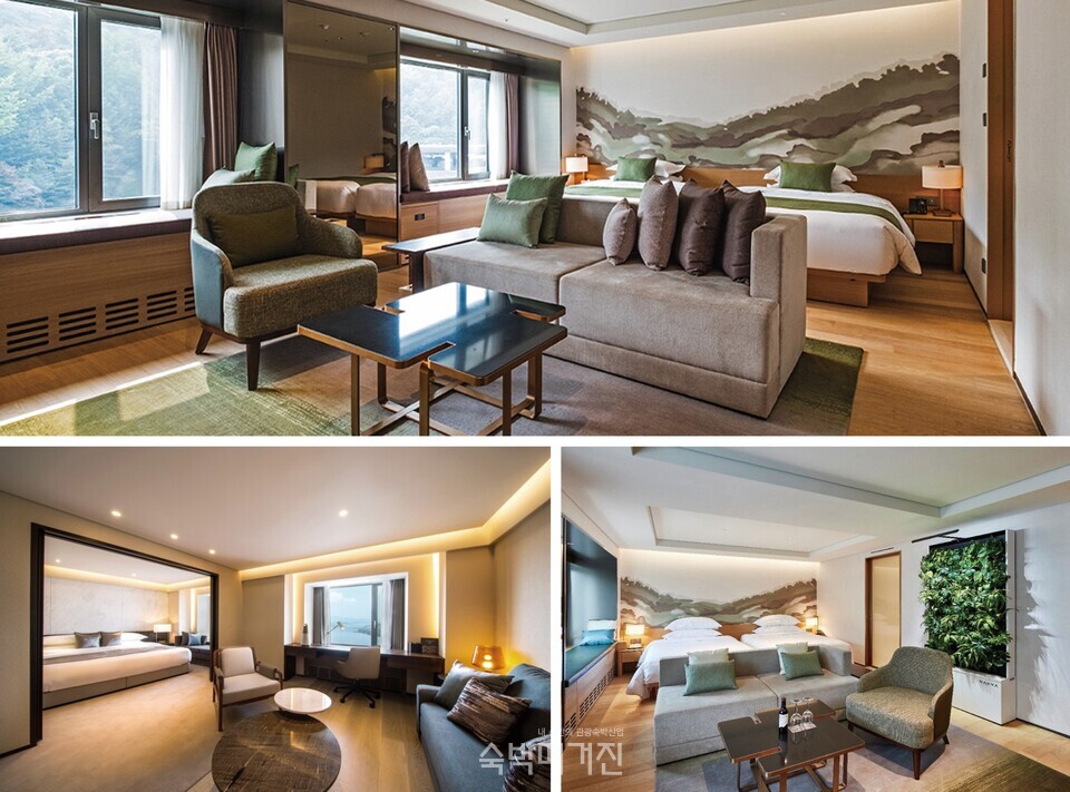 (위부터 시계방향으로) 패밀리 스위트 룸, 비건 전용 객실, 클럽 스위트 룸