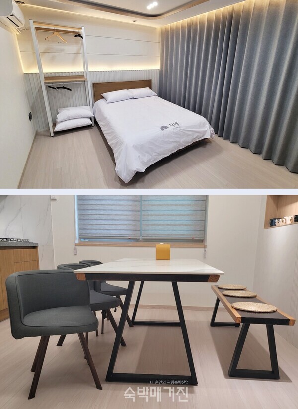 (위 부터) 2층 독채 객실의 침실, 가족을 위한 넓은 테이블 