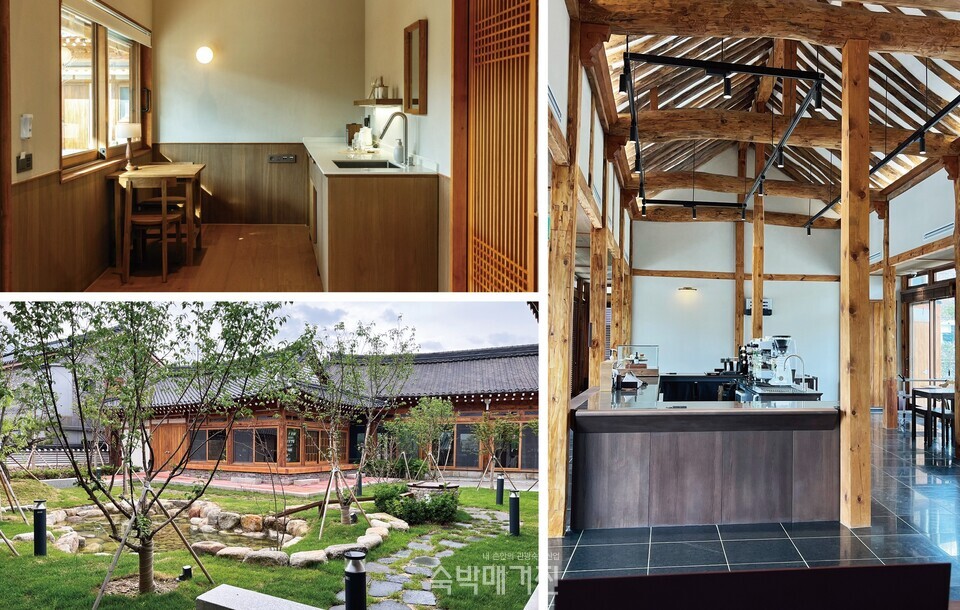 (시공 후, 왼쪽 위부터 시계방향으로) 전통과 현재의 조화, 서까래 등 전통 한옥 구조 요소와 현대식 테이블의 공존, 전통적인 무드의 조경