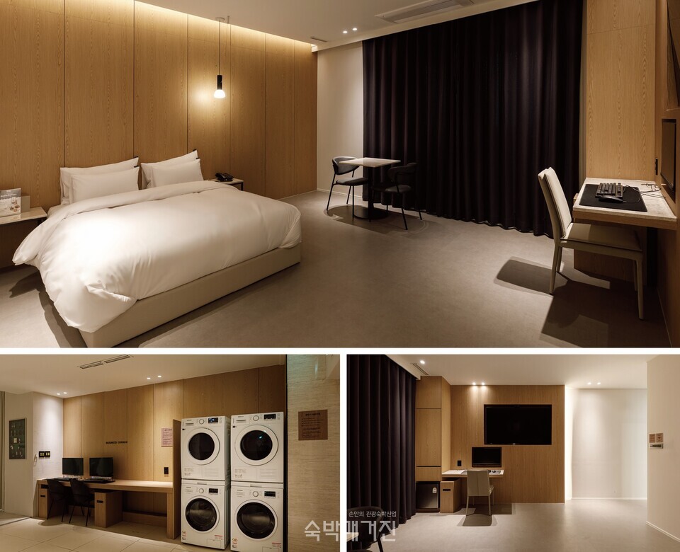 (위부터 시계방향으로)디럭스룸, 객실의 넓은 공간, 셀프 세탁실