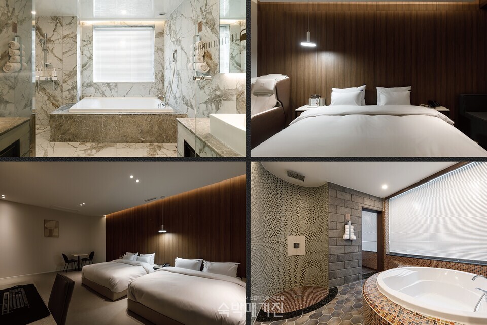 (왼쪽부터 시계방향으로)욕실, 펜트하우스 룸, 펜트하우스 욕실, 스위트 트윈 룸    