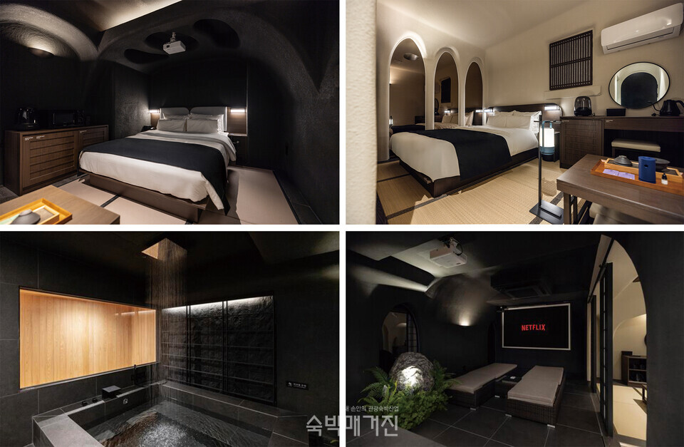 (시공 후, 왼쪽 위부터 시계방향으로) 셰이드 룸, 스탠다드 룸, 스파와 함께 빔 프로젝터를 즐길 수 있다, 캐번 룸의 대형 욕조