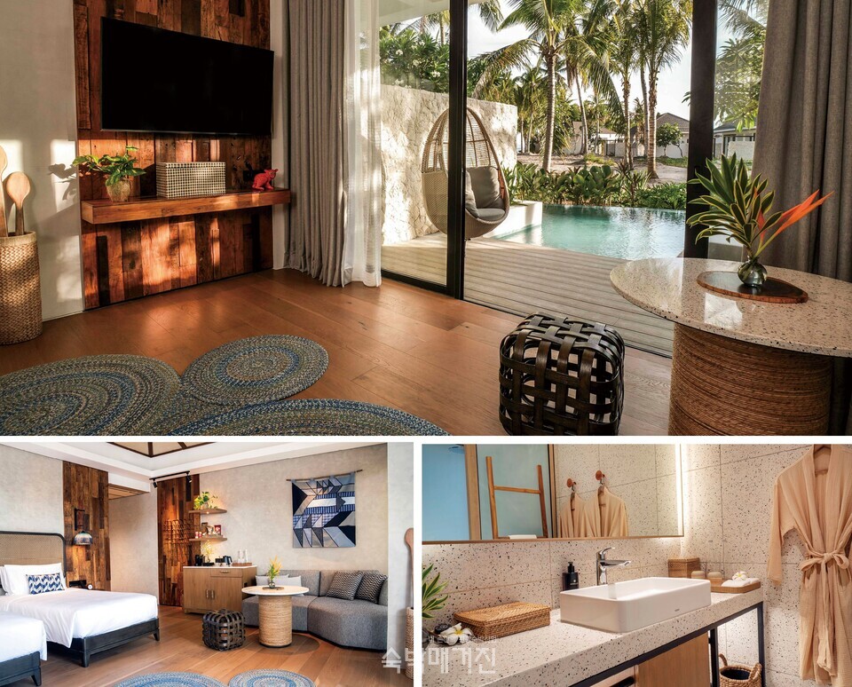 (위부터 시계방향으로) 수영장 조망, 욕실 디자인, 스위트룸