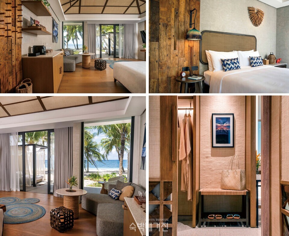 (왼쪽 위부터 시계방향으로) 풀빌라 콘셉트, 침실 디자인, 객실 내부 복도, 해변 조망
