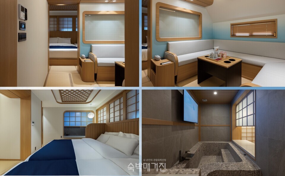 (왼쪽 위부터 시계방향으로) 시그니처 룸인 '퍼스트 클래스', 공간을 최대한 활용한 가구배치, 객실 내 욕조, 침실