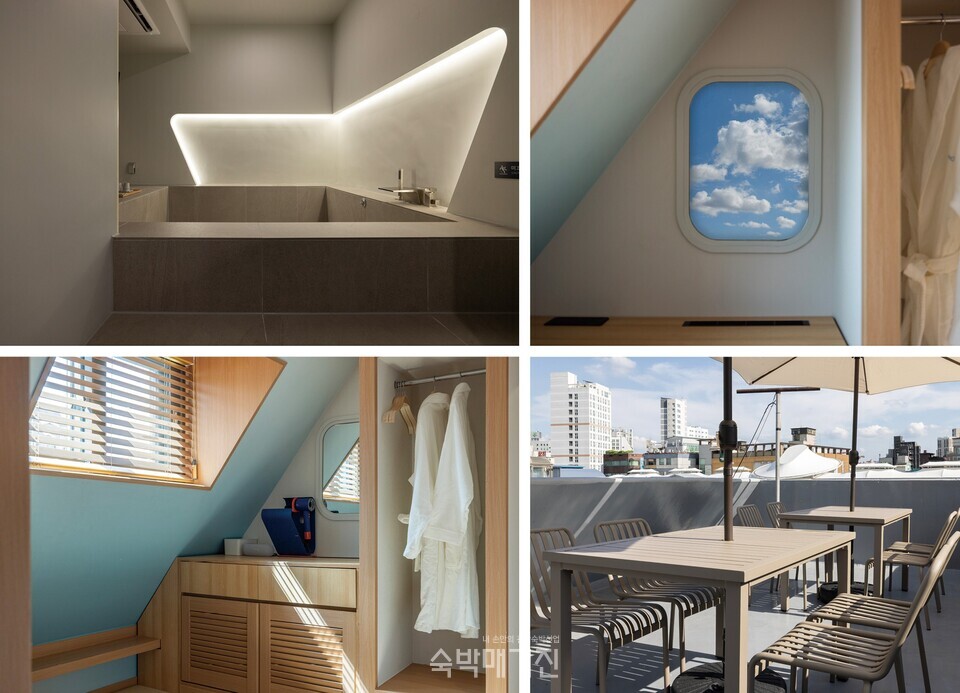 (왼쪽 위부터 시계방향으로) 지하에 조성된 별채탕, 디지털 창문, 루프탑 공간, 사선형 천장의 활용법