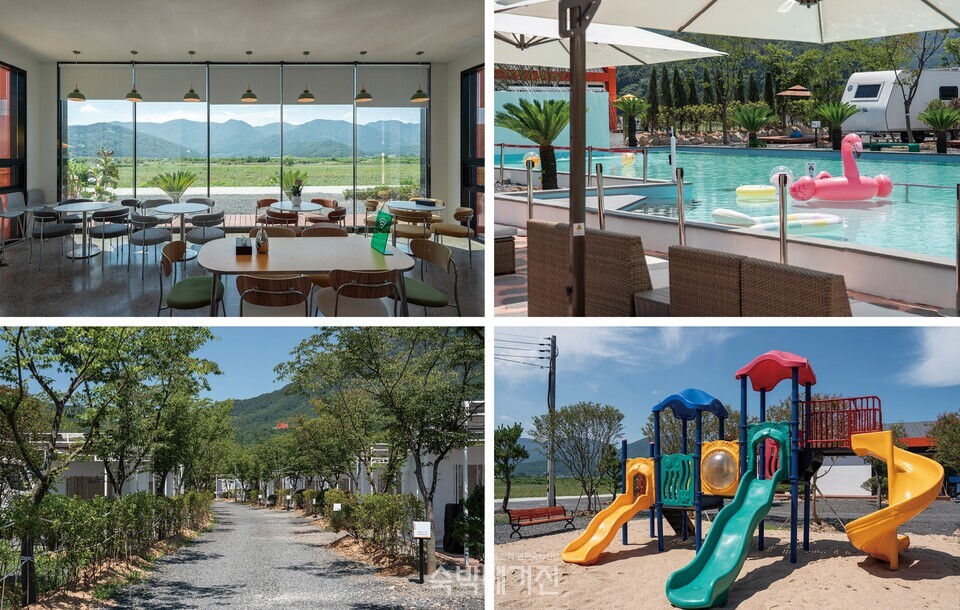 (왼쪽 위부터 시계 방향으로)카페, 대형 수영장, 캠핑장 조경, 놀이시설