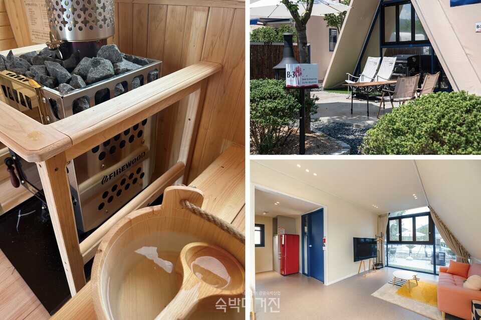 (왼쪽부터 시계방향으로)핀란드식 사우나, 글램핑 시설, 글램핑 내부