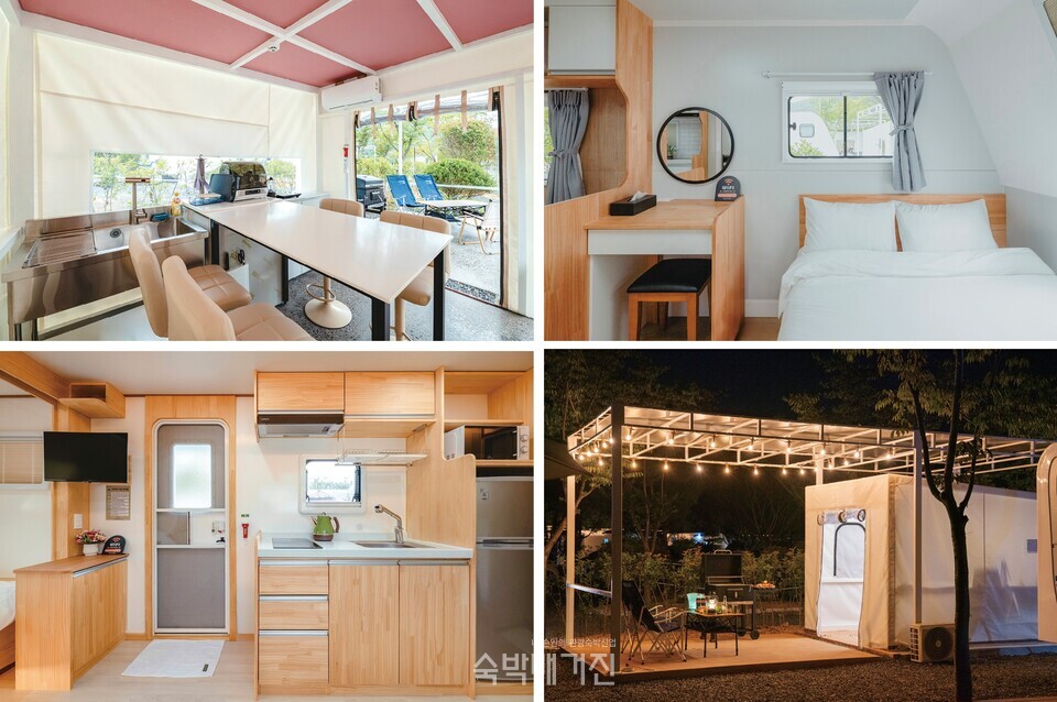 (왼쪽 위부터 시계방향으로)개별 바비큐, 카라반 내부, 캠핑공간, 편의시설