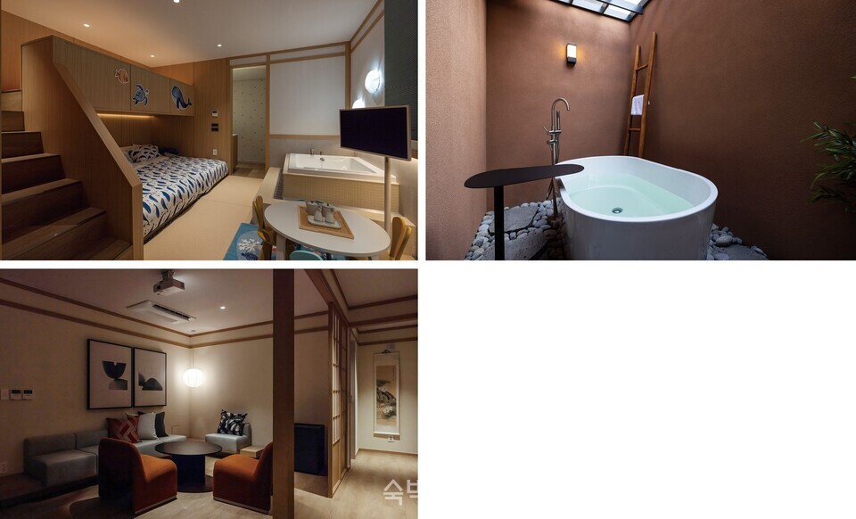 (왼쪽 위부터 시계방향으로) 코스모스 키즈룸, 스위트 야외 욕조, 료칸 거실 콘셉트